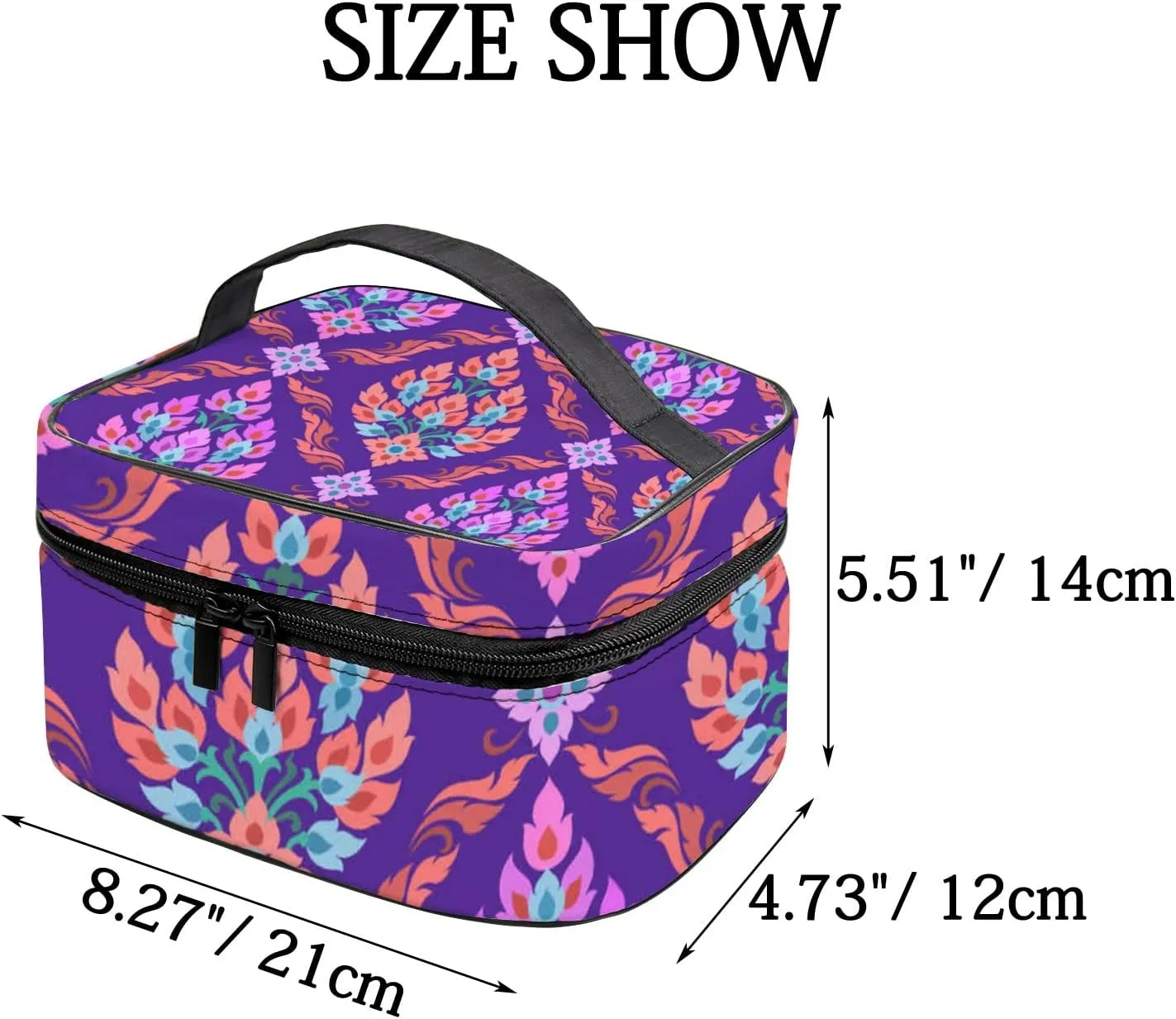 Thai Tradition Art Floral Pattern. Large Capacity Travel Cosmetic Toiletry Makeup Bag Case Waterproof Makeup Organizer Portable Storage Bags with Handle Zipper for Women Girls
