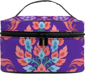 Thai Tradition Art Floral Pattern. Large Capacity Travel Cosmetic Toiletry Makeup Bag Case Waterproof Makeup Organizer Portable Storage Bags with Handle Zipper for Women Girls