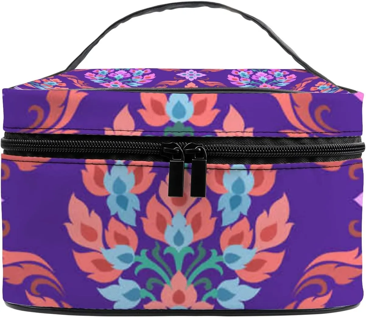 Thai Tradition Art Floral Pattern. Large Capacity Travel Cosmetic Toiletry Makeup Bag Case Waterproof Makeup Organizer Portable Storage Bags with Handle Zipper for Women Girls