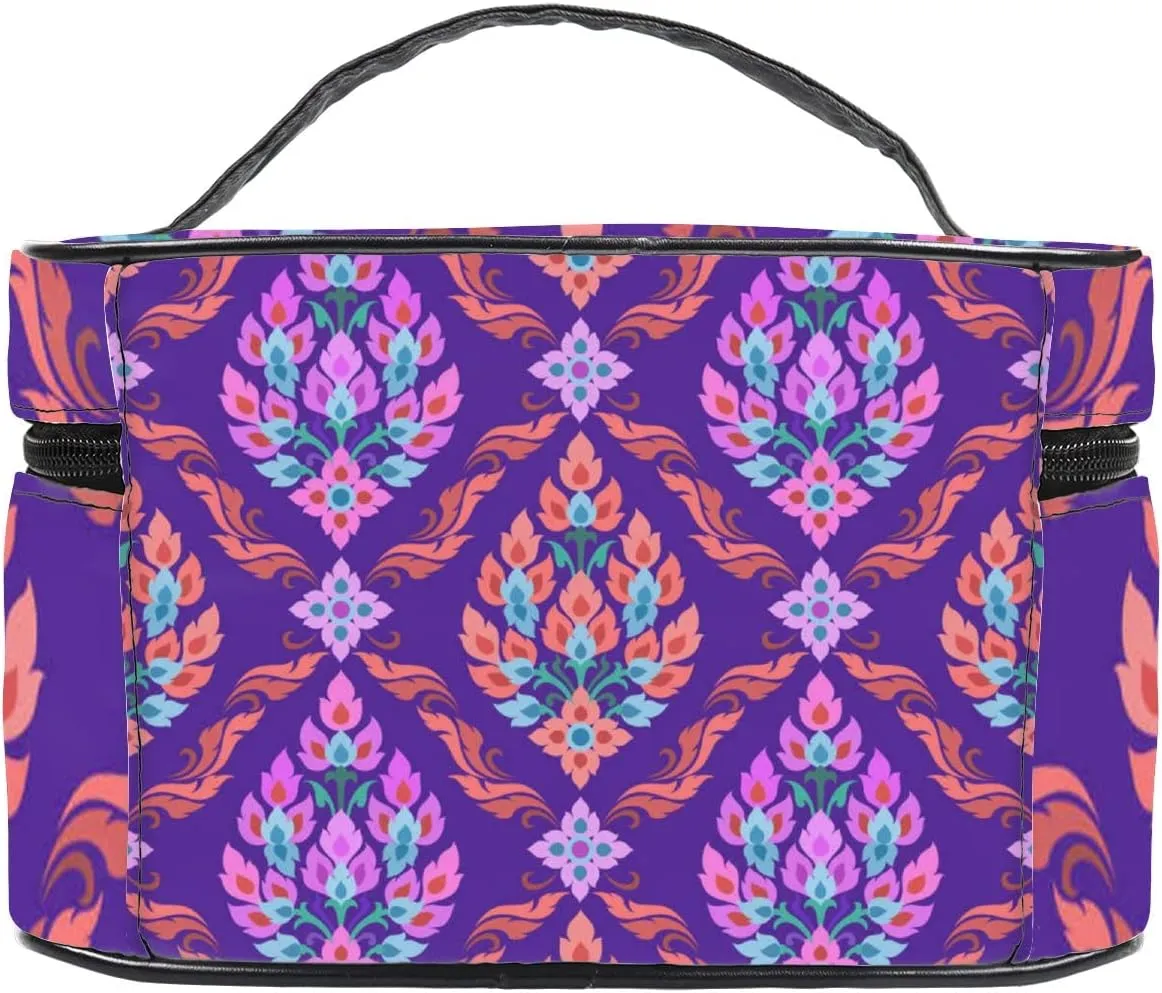 Thai Tradition Art Floral Pattern. Large Capacity Travel Cosmetic Toiletry Makeup Bag Case Waterproof Makeup Organizer Portable Storage Bags with Handle Zipper for Women Girls