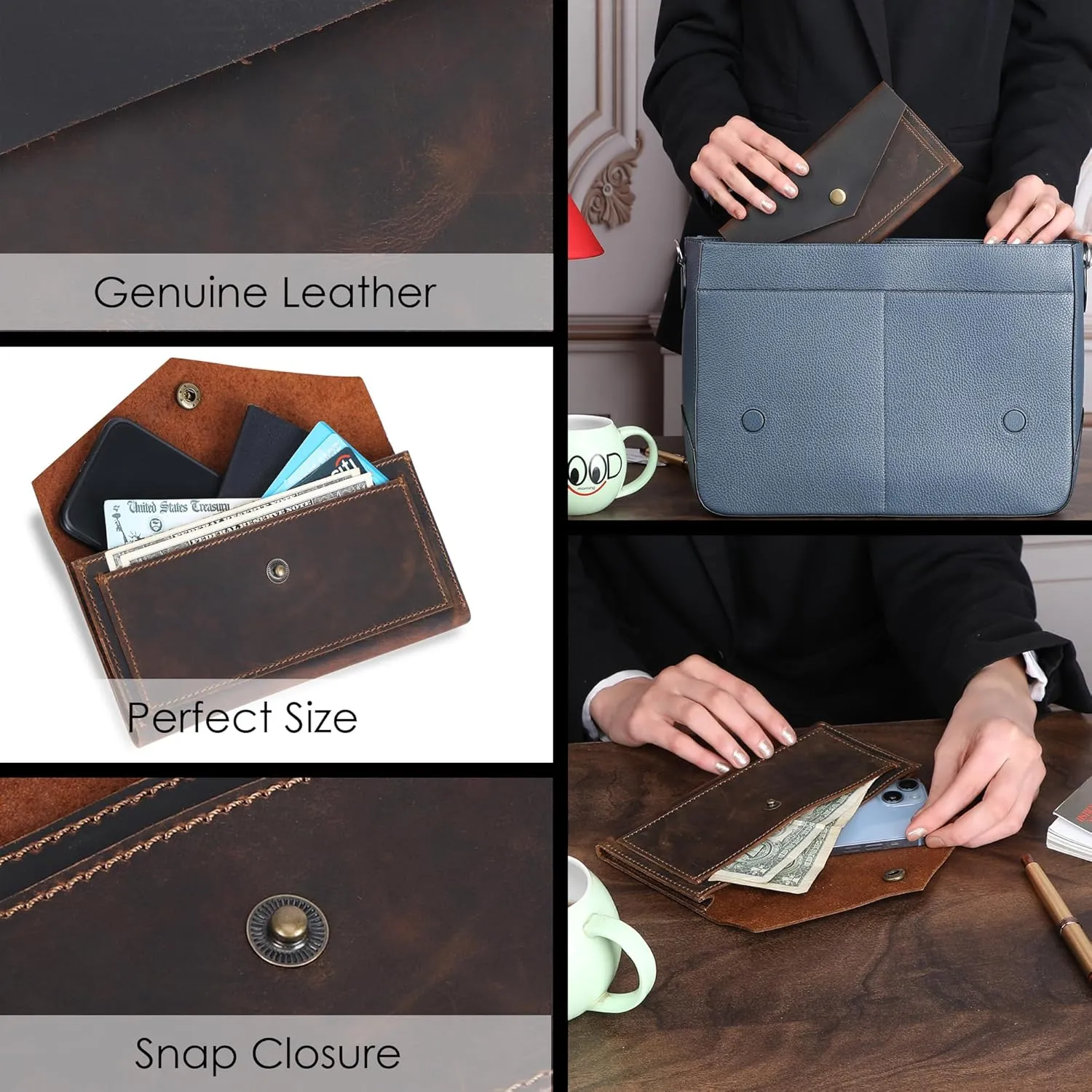The Antiq Brown Leather Cash Envelopes for Money - Small Money Pouch With Mobile Holder, Handmade Leather Wallets Currency Holder - Money Organizer for Cash Money Bag for Travel Wallets for Women