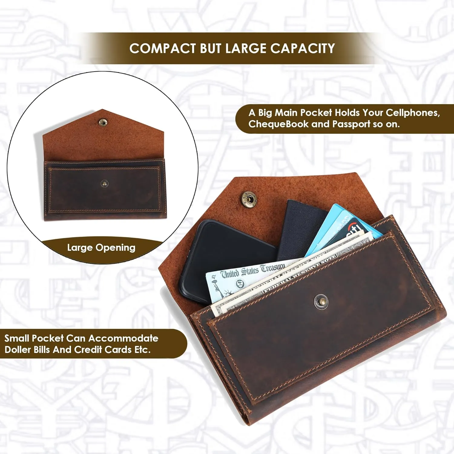 The Antiq Brown Leather Cash Envelopes for Money - Small Money Pouch With Mobile Holder, Handmade Leather Wallets Currency Holder - Money Organizer for Cash Money Bag for Travel Wallets for Women