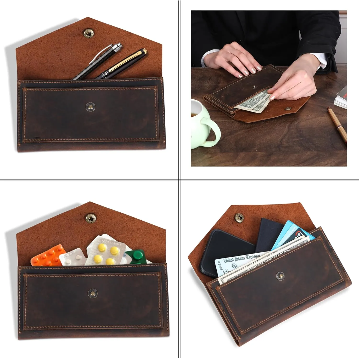 The Antiq Brown Leather Cash Envelopes for Money - Small Money Pouch With Mobile Holder, Handmade Leather Wallets Currency Holder - Money Organizer for Cash Money Bag for Travel Wallets for Women