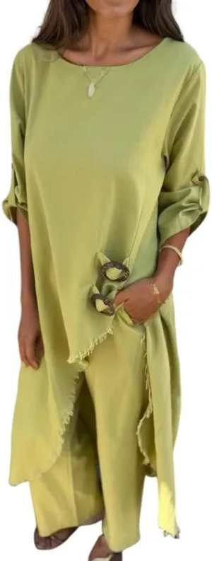 TIAFORD Women’s Cotton Linen 2 Piece Outfits Roll Up Sleeve Irregular Hem Long Tops Wide Leg Pants Casual Loose Flowy Sets