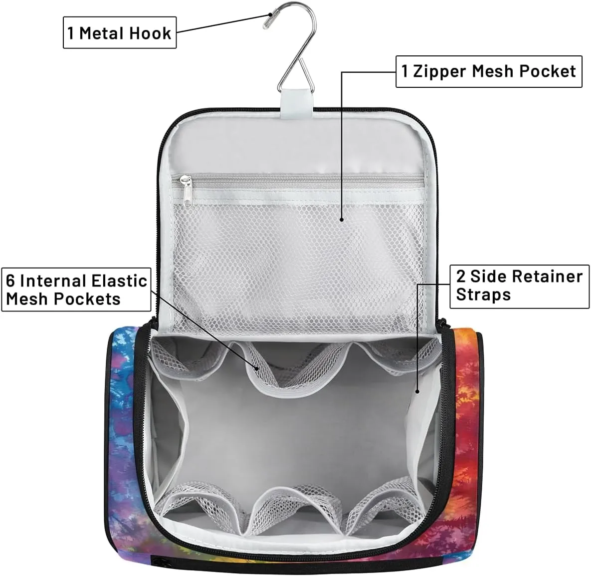 Tie Dye Rainbow Colorful Abstract Travel Toiletry Bag for Men and Women, Large Hanging Makeup Bag Organizer Toiletries Bag for Travel, Cosmetic Bag with Handle