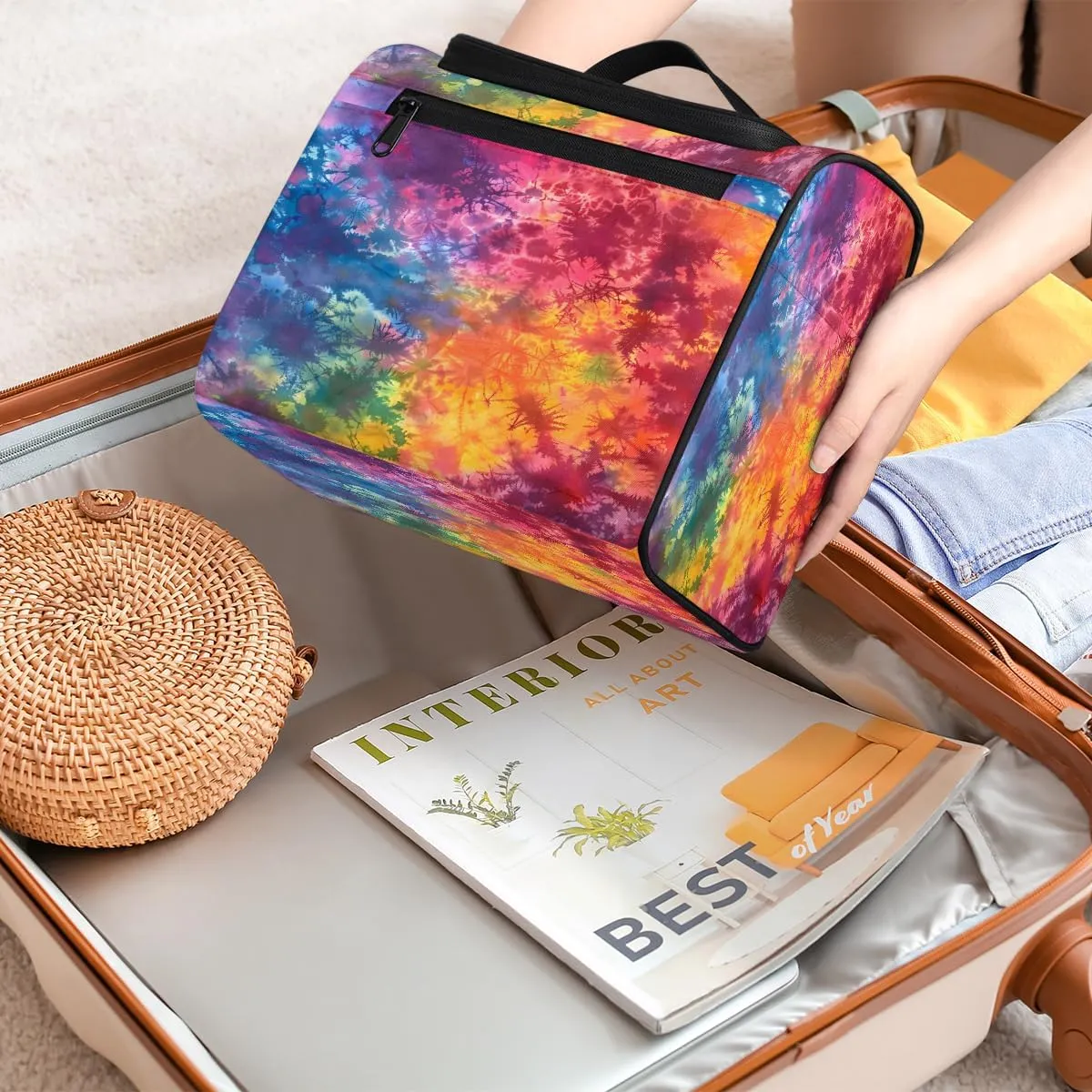 Tie Dye Rainbow Colorful Abstract Travel Toiletry Bag for Men and Women, Large Hanging Makeup Bag Organizer Toiletries Bag for Travel, Cosmetic Bag with Handle