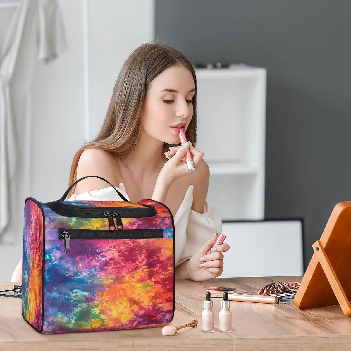 Tie Dye Rainbow Colorful Abstract Travel Toiletry Bag for Men and Women, Large Hanging Makeup Bag Organizer Toiletries Bag for Travel, Cosmetic Bag with Handle