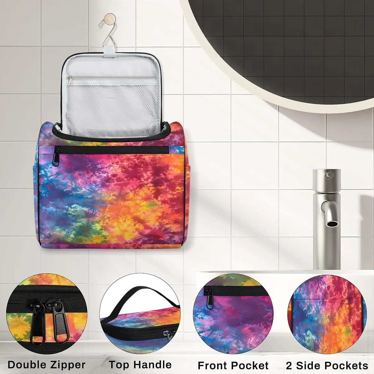 Tie Dye Rainbow Colorful Abstract Travel Toiletry Bag for Men and Women, Large Hanging Makeup Bag Organizer Toiletries Bag for Travel, Cosmetic Bag with Handle