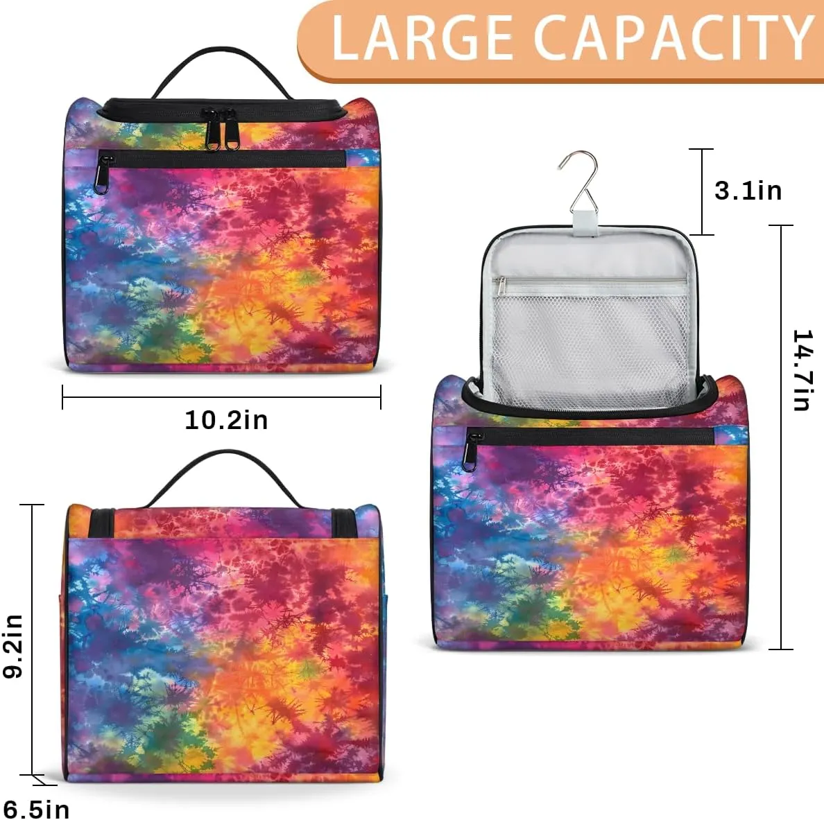 Tie Dye Rainbow Colorful Abstract Travel Toiletry Bag for Men and Women, Large Hanging Makeup Bag Organizer Toiletries Bag for Travel, Cosmetic Bag with Handle