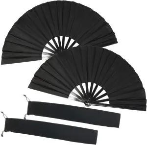TIHOOD 2PCS Large Folding Silk Hand Fans - Chinese Tai Chi Fans for Men and Women Performance, Dance, Decorations, Festival, Gift (Black x2)