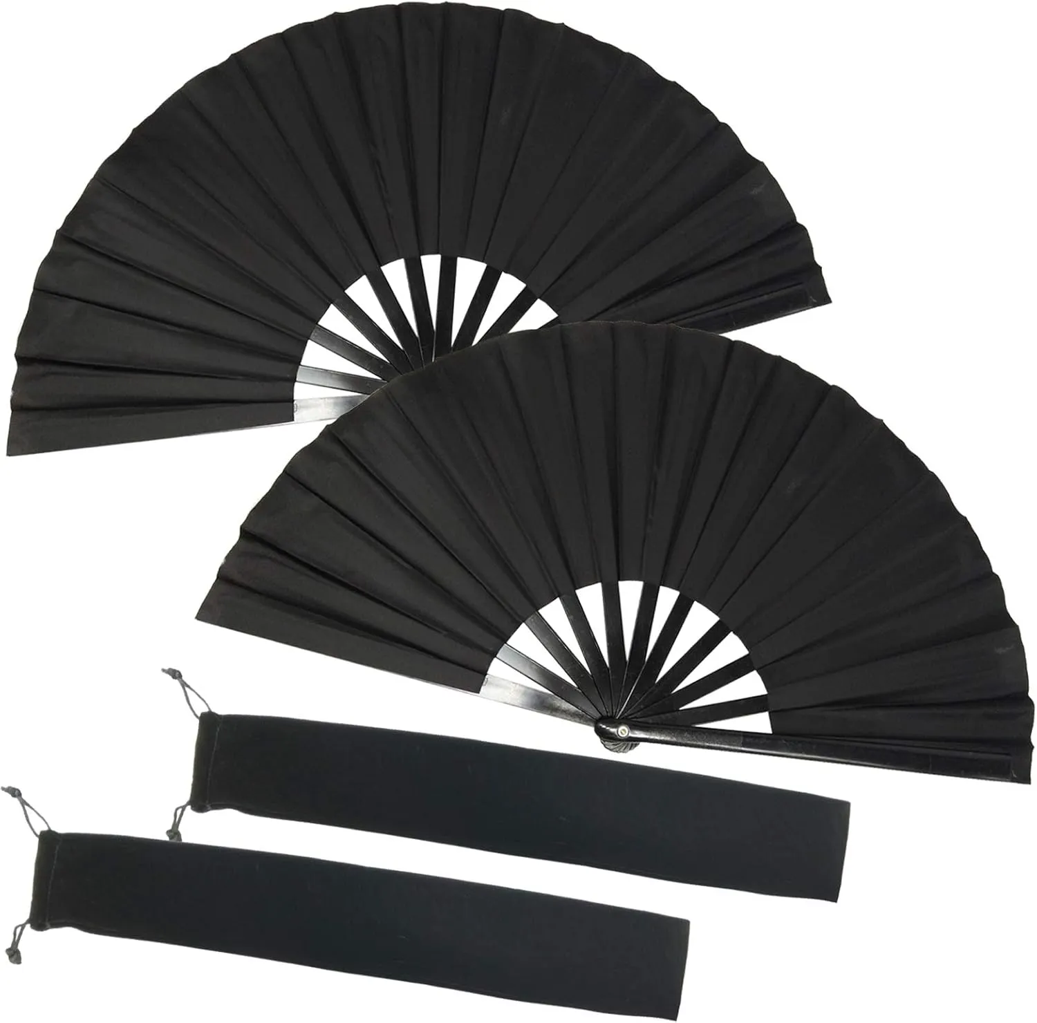 TIHOOD 2PCS Large Folding Silk Hand Fans - Chinese Tai Chi Fans for Men and Women Performance, Dance, Decorations, Festival, Gift (Black x2)