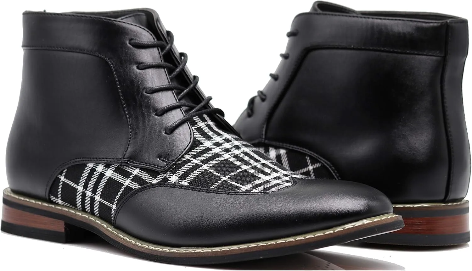 Titan04 Men Spectator Tweed Plaid Two Tone Chukka Ankle Wingtips Oxfords Dress Boots Perforated Lace Up Dress Shoes