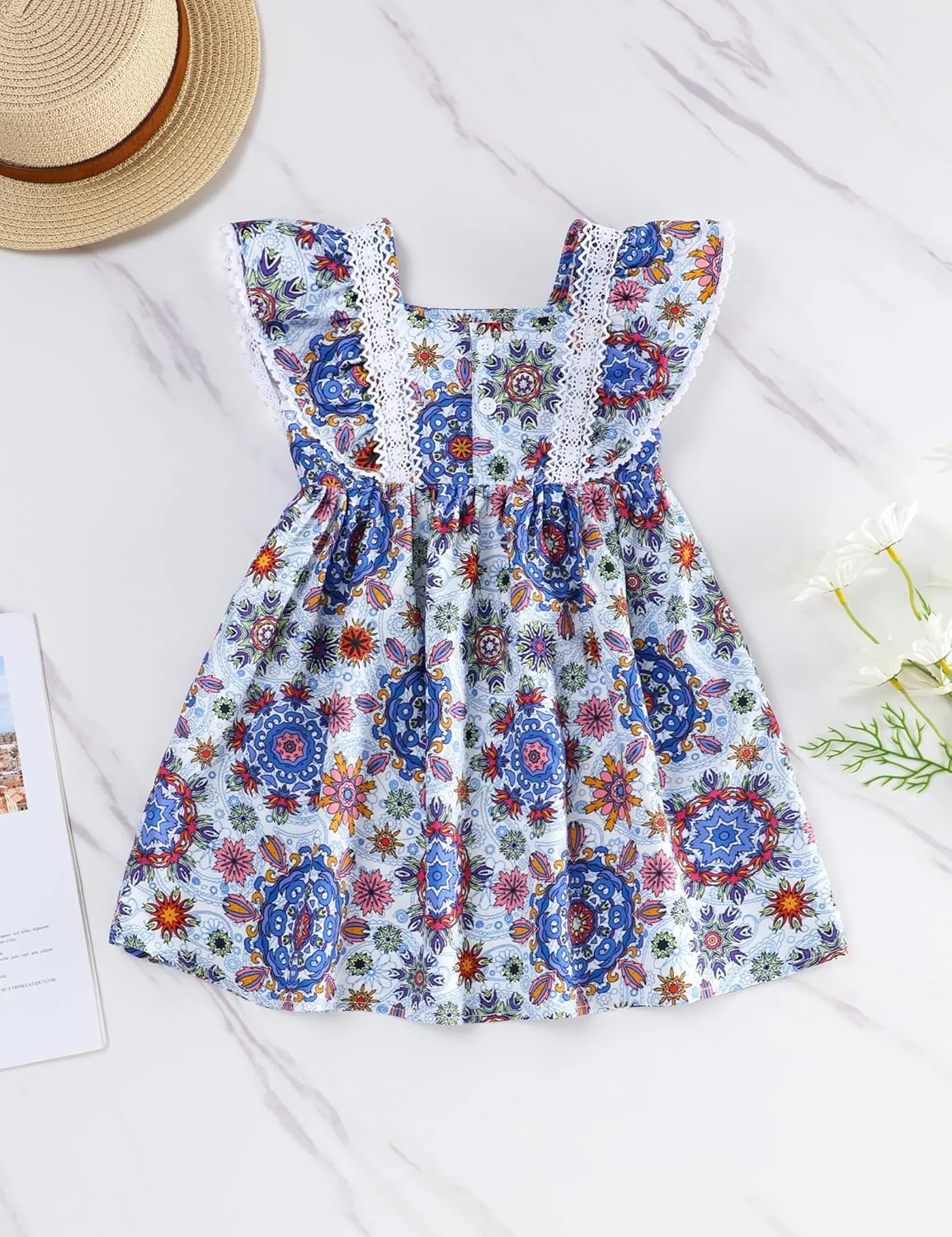 Toddler Girl Dress Bohemia Button Lace Sleeveless Sunflower Floral Princess Toddler Girl Clothes