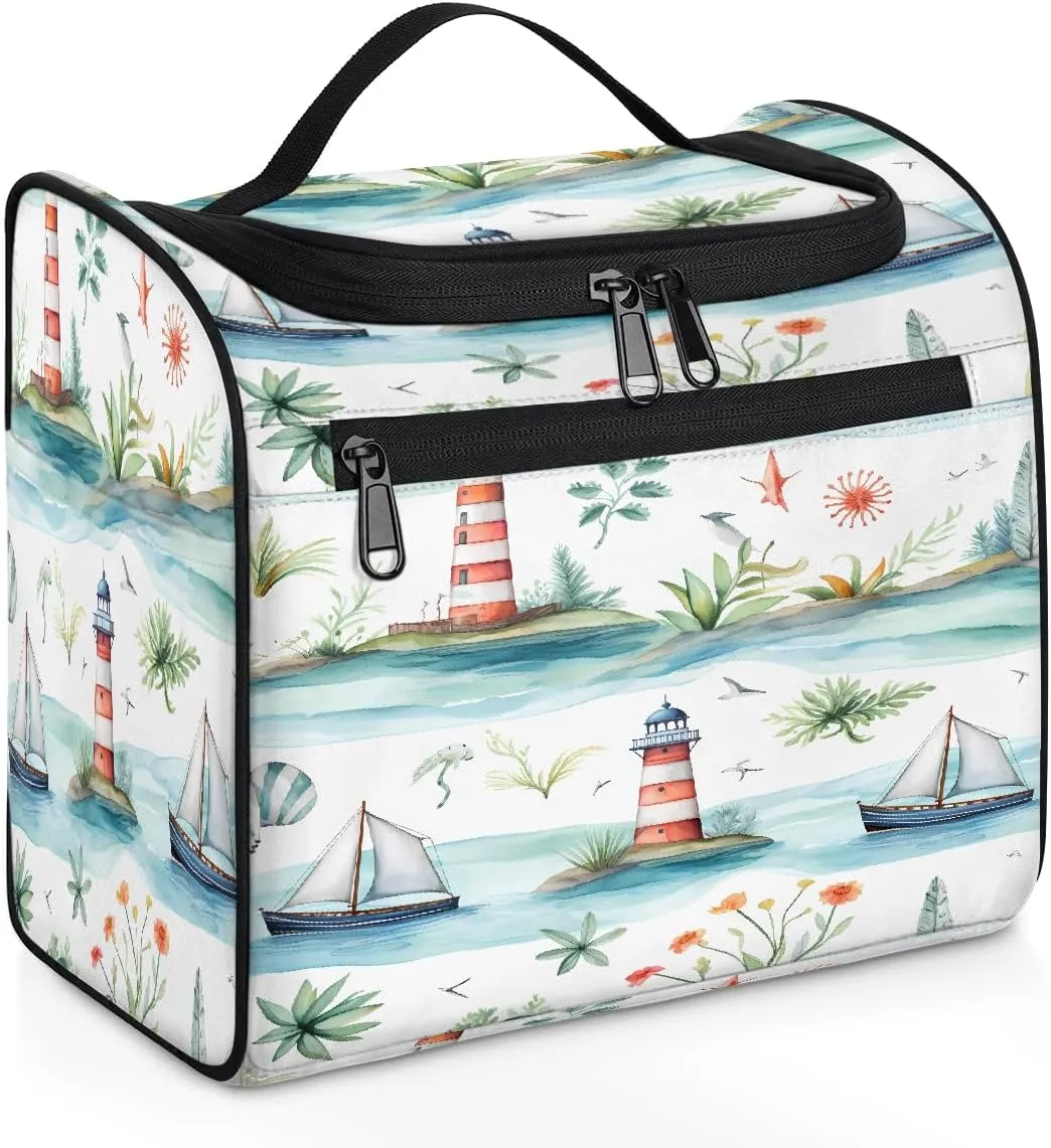 Toiletry Bag for Women Men Watercolor Lighthouse Ship Large Toiletry Bags with Hanging Hook Waterproof Makeup Cosmetic Bag for Travel Toiletries