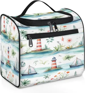 Toiletry Bag for Women Men Watercolor Lighthouse Ship Large Toiletry Bags with Hanging Hook Waterproof Makeup Cosmetic Bag for Travel Toiletries