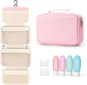 Toiletry bag for women with travel size containers set, hanging toiletry bag for full Size toiletries, Skincare, Shampoo, Makeup Cosmetic Bag Travel Organizer, Water-resistant toiletry bag