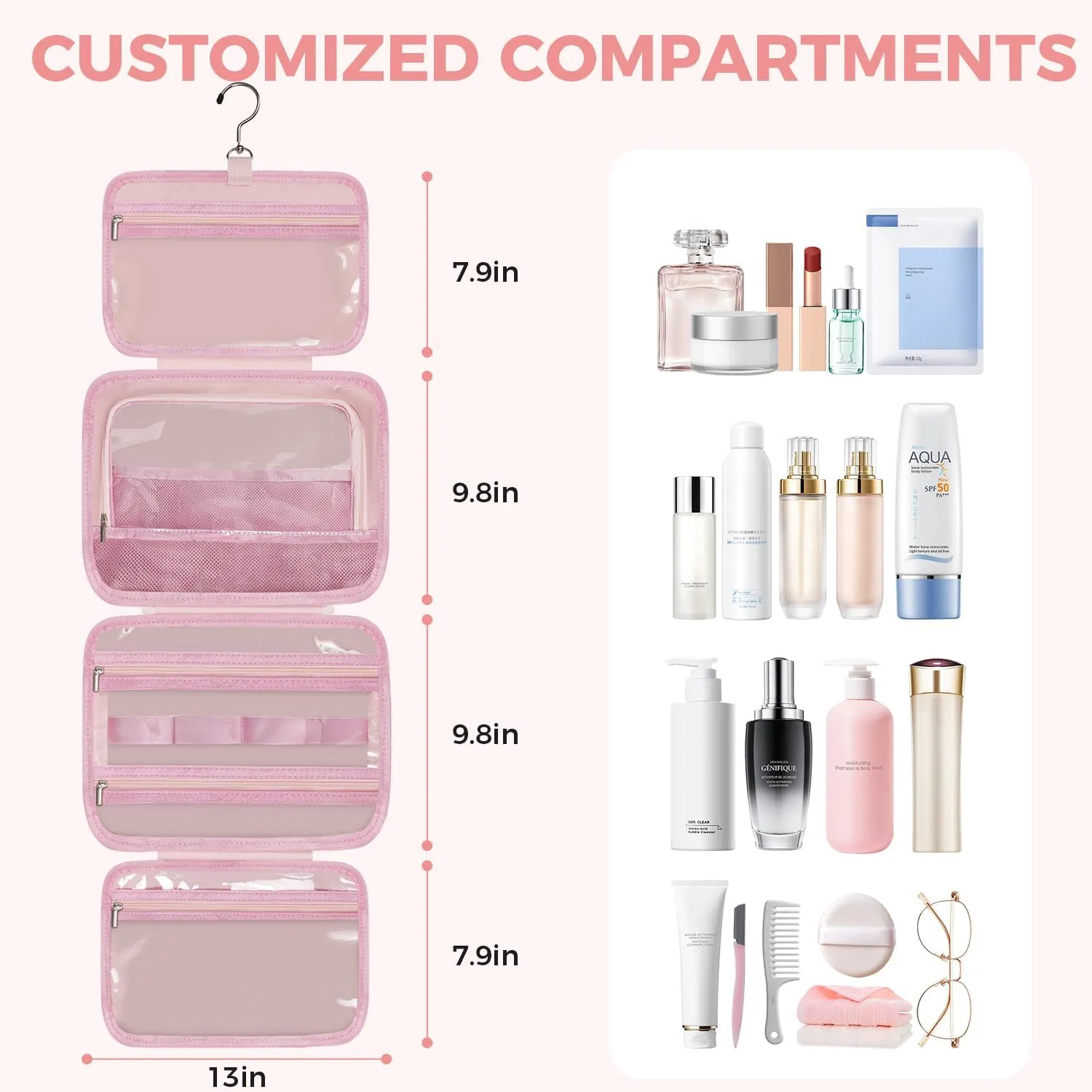 Toiletry Bag For women,Portable Hanging Organizer,4 Leakproof Compartment for full-sized Conditioner, Brushes Set, Makeup Accessories,Visible and easy to access.L-light pink