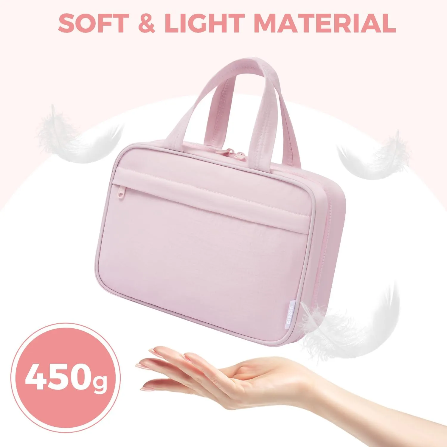 Toiletry Bag For women,Portable Hanging Organizer,4 Leakproof Compartment for full-sized Conditioner, Brushes Set, Makeup Accessories,Visible and easy to access.L-light pink