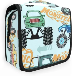 Toiletry Bag Travel Bag with Hanging Hook, Blue Monster Truck Cartoon Water-resistant Makeup Cosmetic Bag Travel Organizer for Accessories Shampoo Toiletries Trips Camping Bathroom