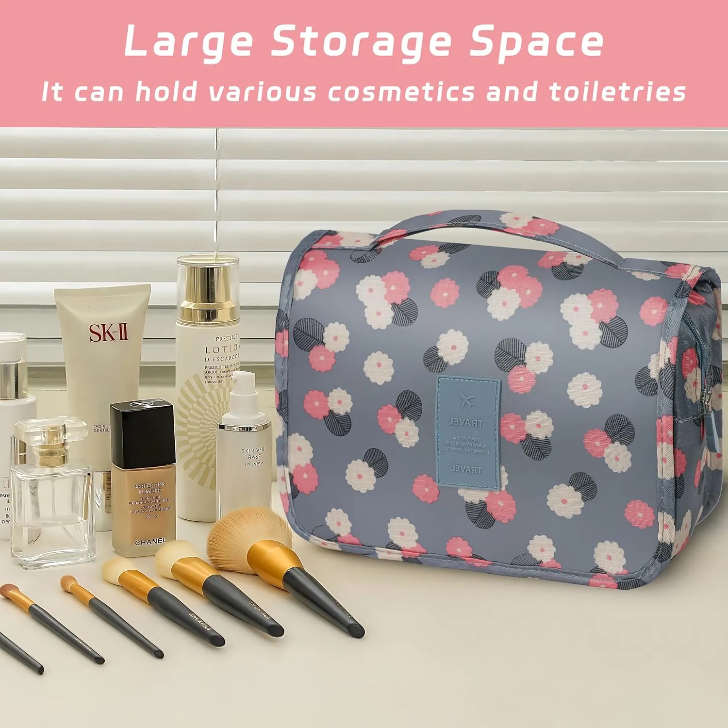 Toiletry Bag Travel Bag with Hanging Hook, Waterproof Capacity Hanging Multifunctional Makeup Bag for Toiletries, Portable Cosmetic Bag Travel Organizer for Women and Men(Blue Flower)