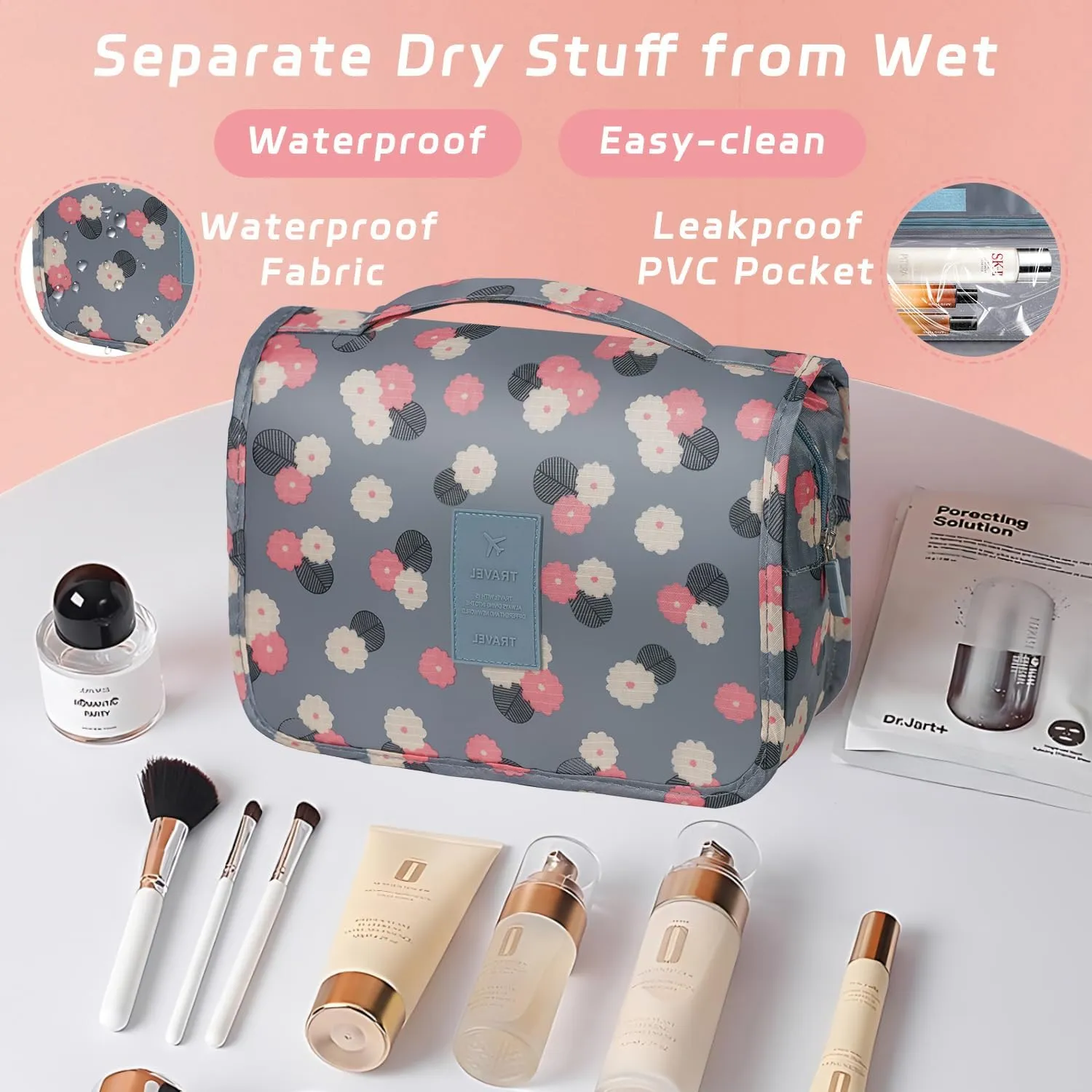 Toiletry Bag Travel Bag with Hanging Hook, Waterproof Capacity Hanging Multifunctional Makeup Bag for Toiletries, Portable Cosmetic Bag Travel Organizer for Women and Men(Blue Flower)