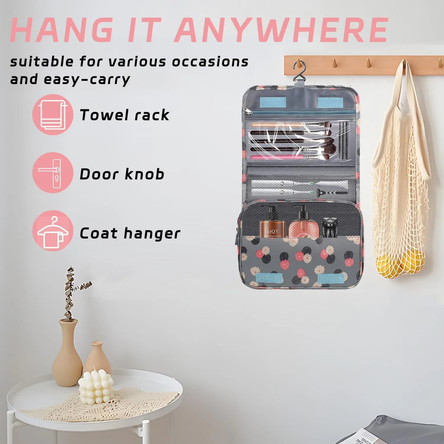Toiletry Bag Travel Bag with Hanging Hook, Waterproof Capacity Hanging Multifunctional Makeup Bag for Toiletries, Portable Cosmetic Bag Travel Organizer for Women and Men(Blue Flower)