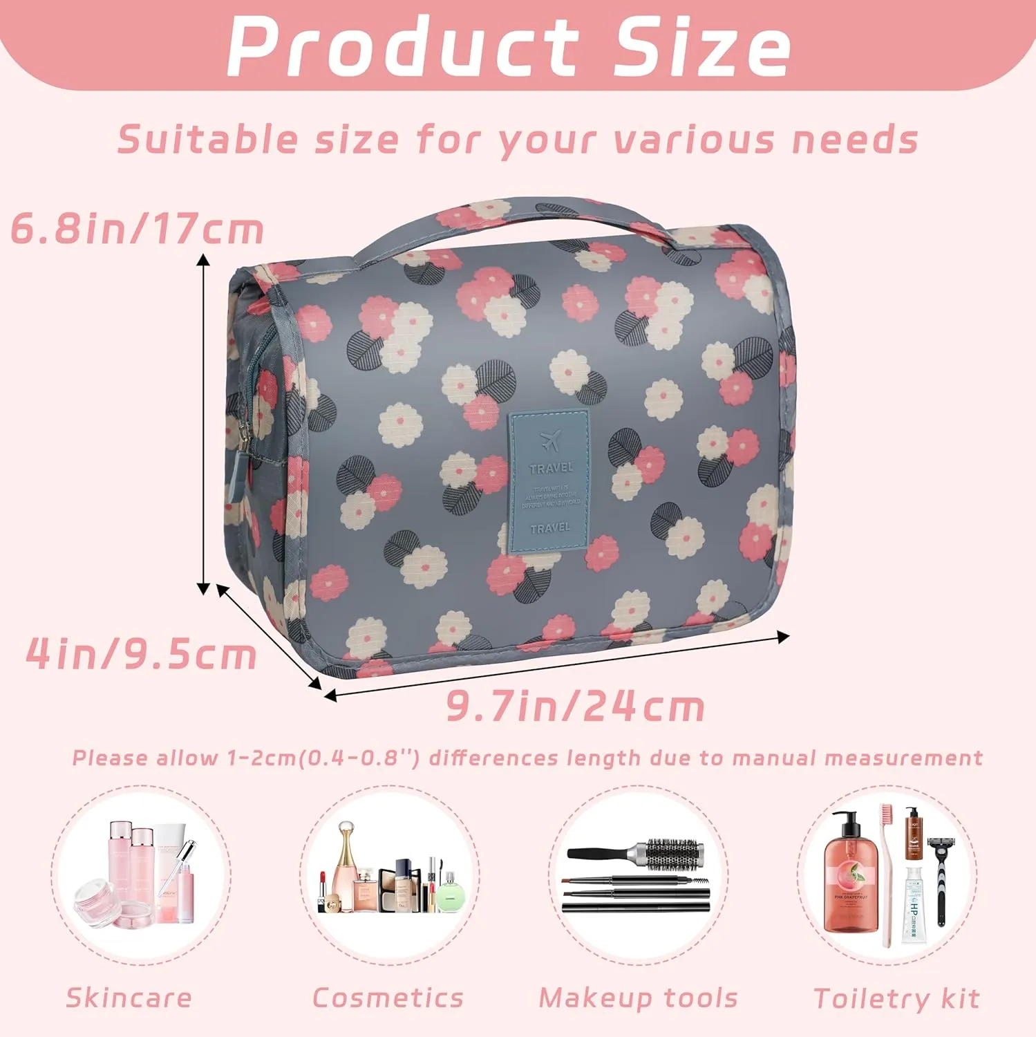 Toiletry Bag Travel Bag with Hanging Hook, Waterproof Capacity Hanging Multifunctional Makeup Bag for Toiletries, Portable Cosmetic Bag Travel Organizer for Women and Men(Blue Flower)