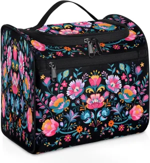 Toiletry Bag with Hanging Hook Makeup Bag Flower Symmetrical Pattern Cosmetic Case Travel Organizer for Women Men Traveling Wash Bag