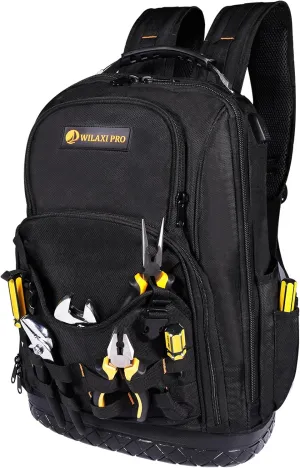 Tool Backpack Heavy Duty, Tool Bag Backpack for Men Waterproof Oxford Fabric with Plastic Base, 19IN Large Capacity with 44 Pockets, Padded Back & Straps for All Worksite Environments