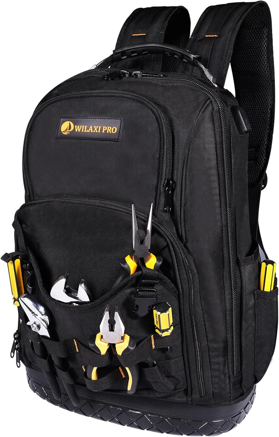 Tool Backpack Heavy Duty, Tool Bag Backpack for Men Waterproof Oxford Fabric with Plastic Base, 19IN Large Capacity with 44 Pockets, Padded Back & Straps for All Worksite Environments