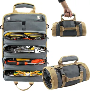 Tool Bag Roll Up, Heavy Duty Tool Organizer for Men Women, Portable Tool Storage Box with Detachable Zipper Pouch, Compact Small Carrier Bag for Electrician Mechanic Gray