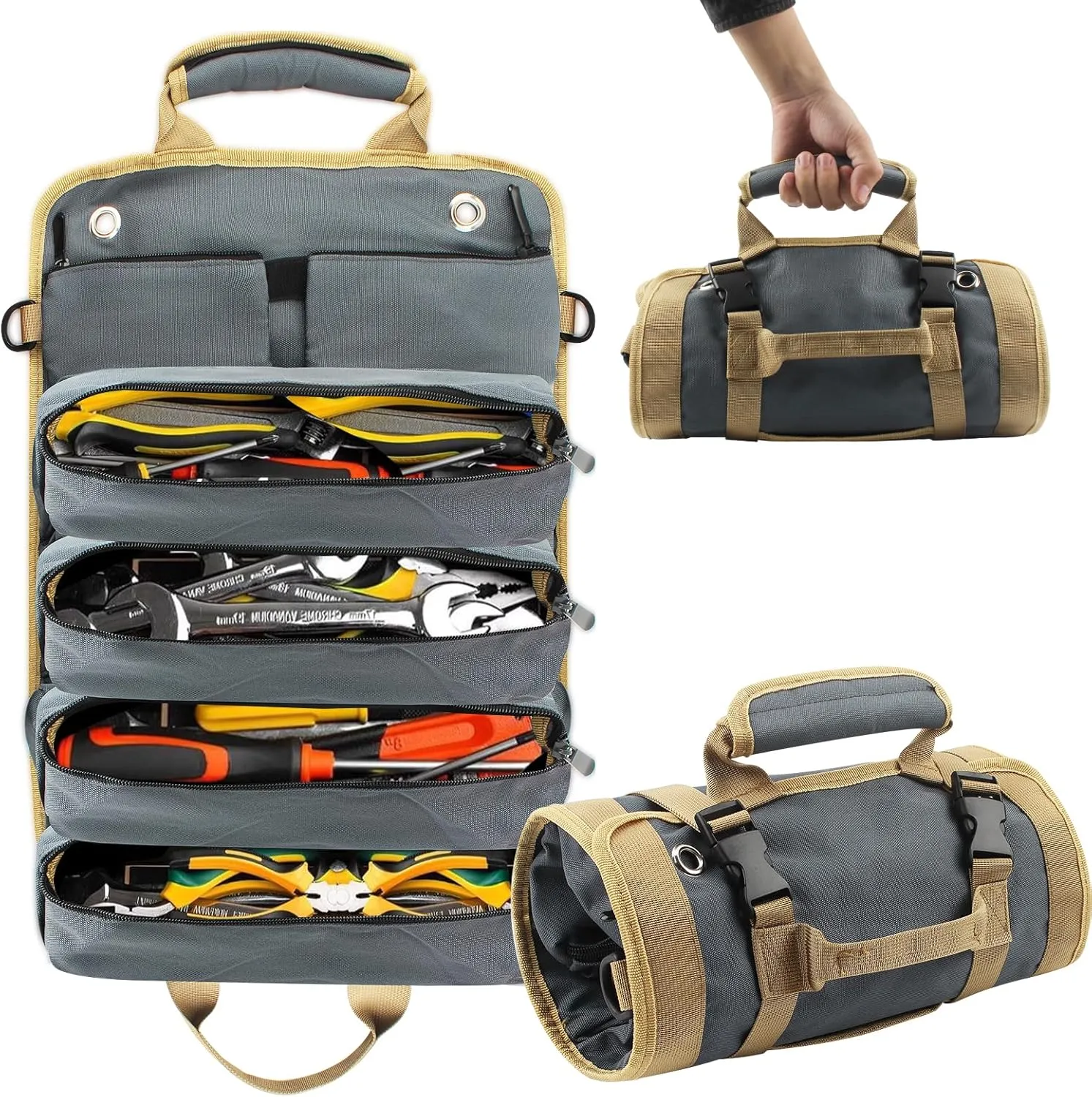 Tool Bag Roll Up, Heavy Duty Tool Organizer for Men Women, Portable Tool Storage Box with Detachable Zipper Pouch, Compact Small Carrier Bag for Electrician Mechanic Gray
