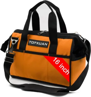 Tool Bag16 Inch Heavy Duty Waterproof Orange Tool Organizer with Wide Mouth and Shoulder Strap for Power and Small Hand Tools Oxford Cloth Fabric (18 Pockets)
