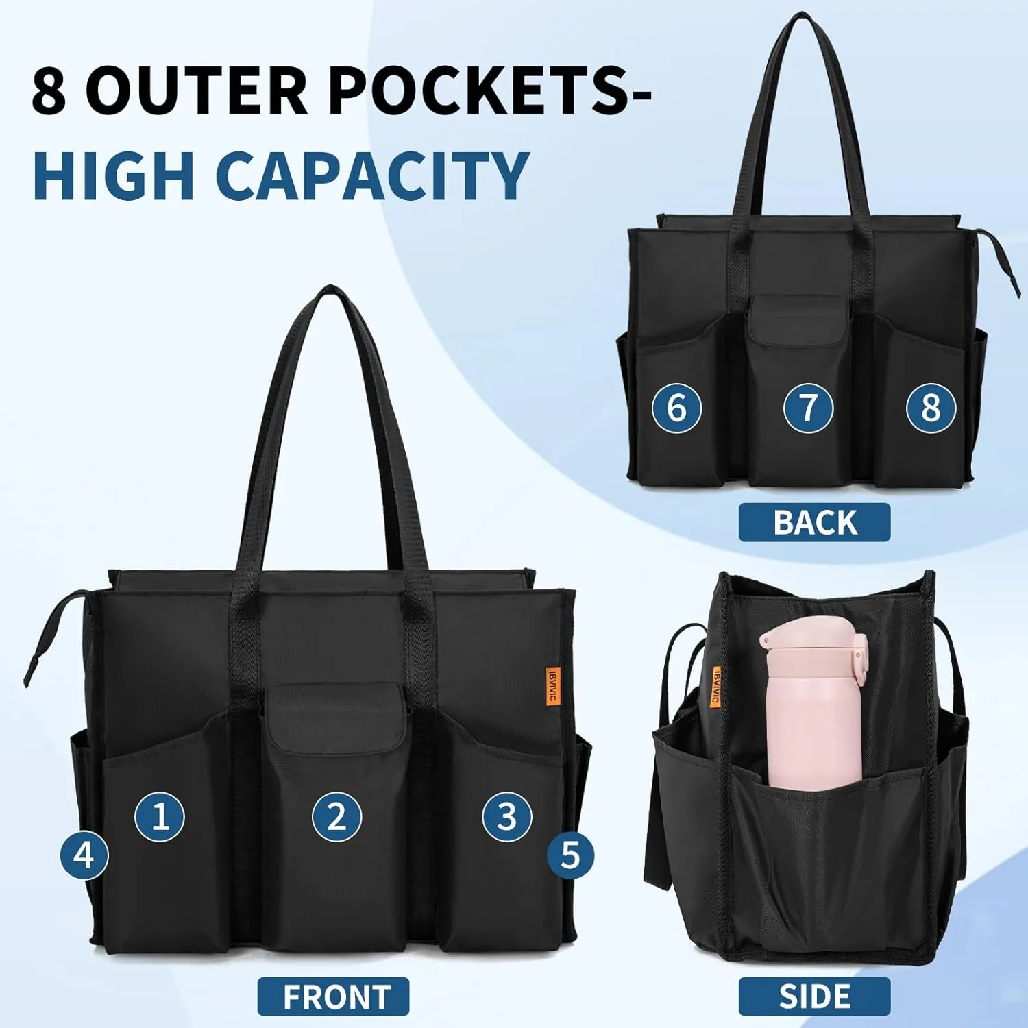 Tote Bag for Women Utility Travel Tote Bags With 8 Exterior & 7 Interior Pockets Zip Top Tote for Teacher Work