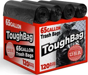 ToughBag 65 Gallon Trash Bags (120 Count) – 50x48" Large Black Garbage Can Liners – Made in USA