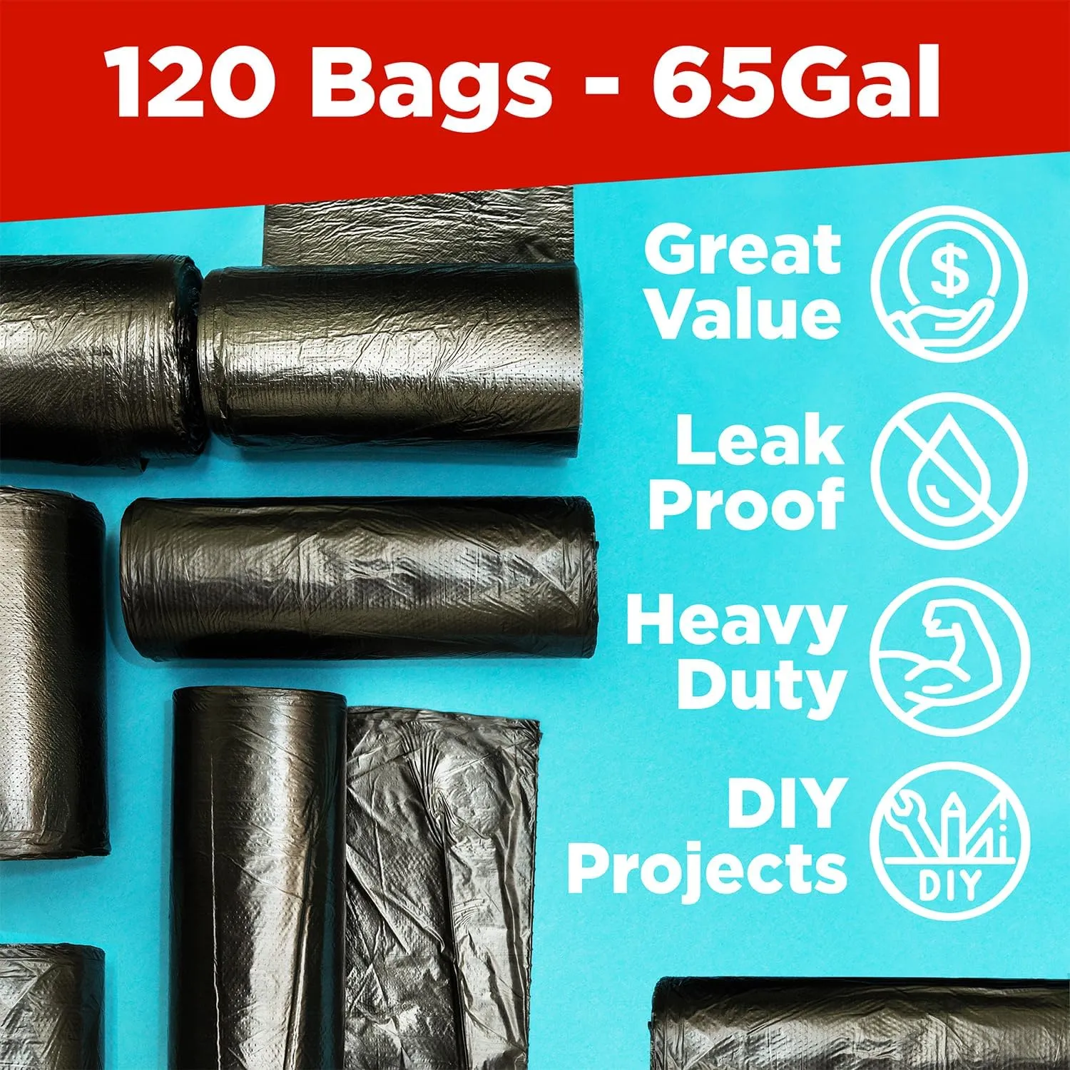 ToughBag 65 Gallon Trash Bags (120 Count) – 50x48" Large Black Garbage Can Liners – Made in USA