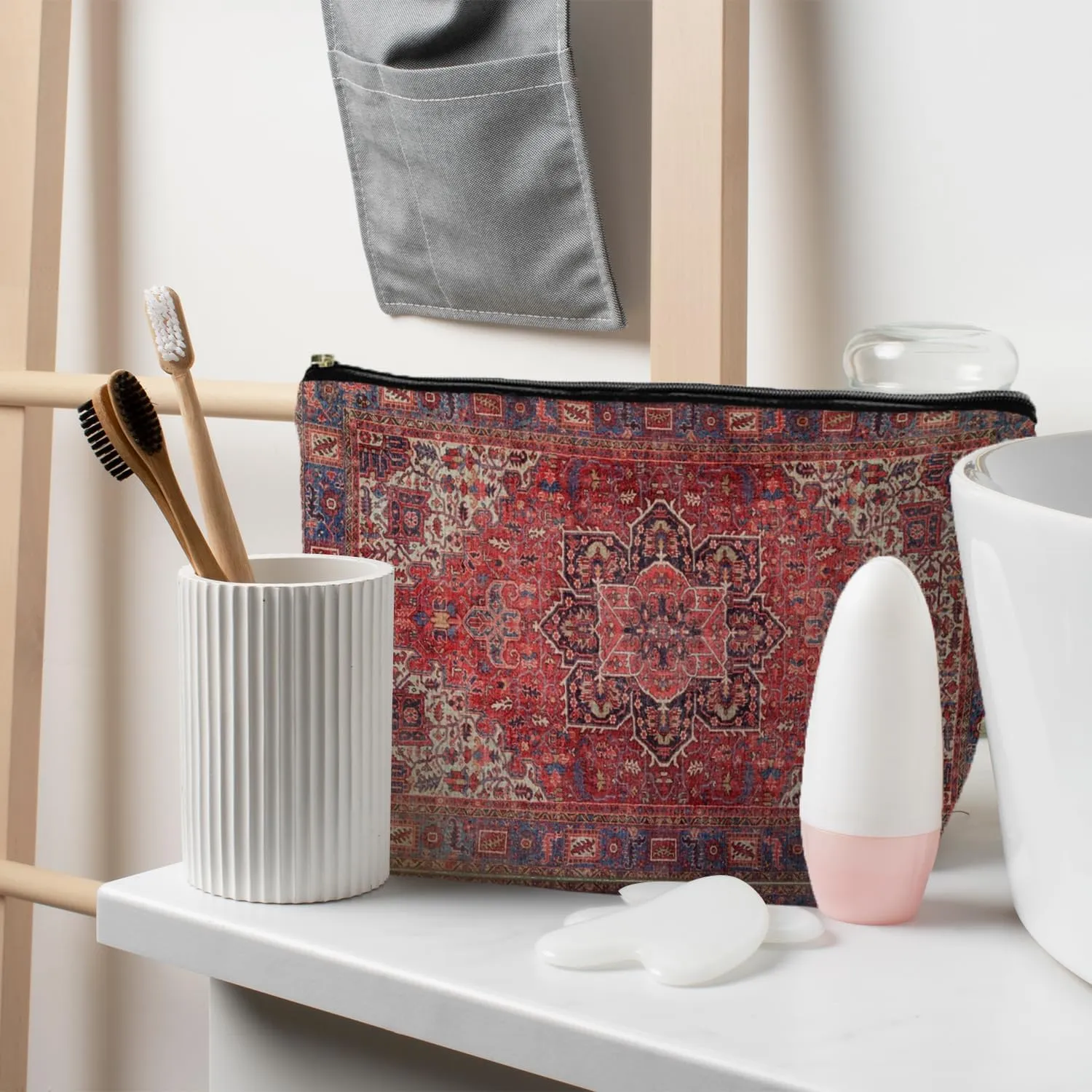 Traditional Red Rug Style Makeup Bag, Vintage Ethnic Pattern Cosmetic Bag Gifts for Women Friends, Boho Tapestry Pouch