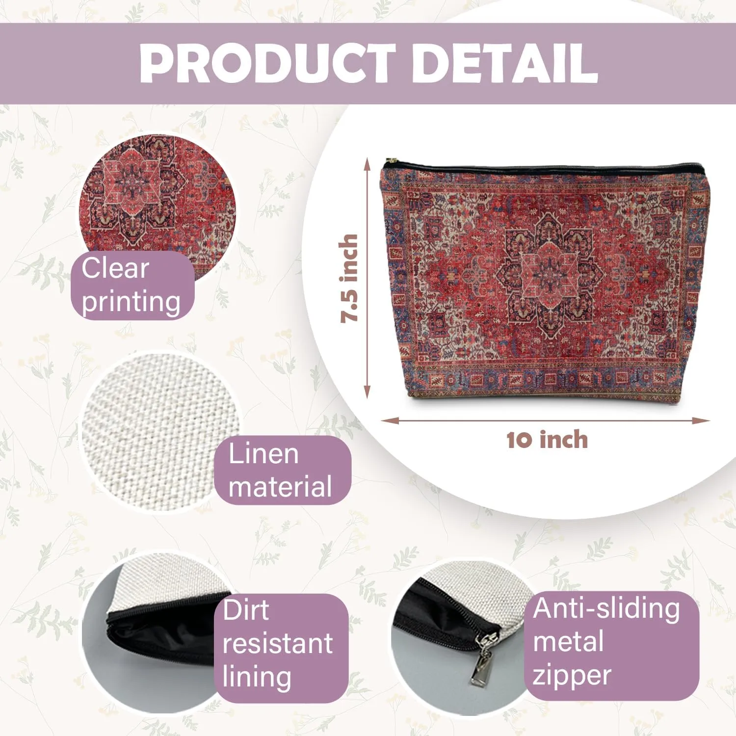 Traditional Red Rug Style Makeup Bag, Vintage Ethnic Pattern Cosmetic Bag Gifts for Women Friends, Boho Tapestry Pouch