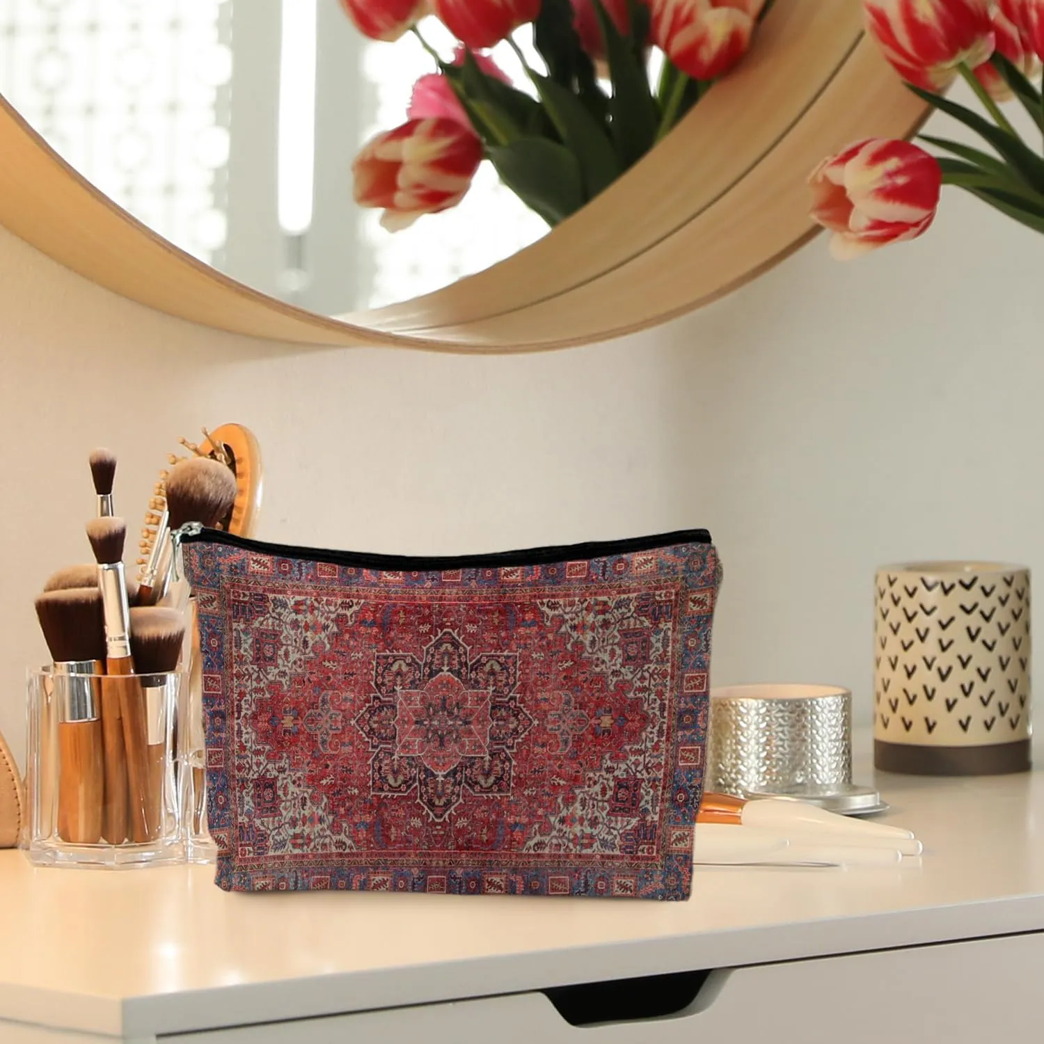 Traditional Red Rug Style Makeup Bag, Vintage Ethnic Pattern Cosmetic Bag Gifts for Women Friends, Boho Tapestry Pouch
