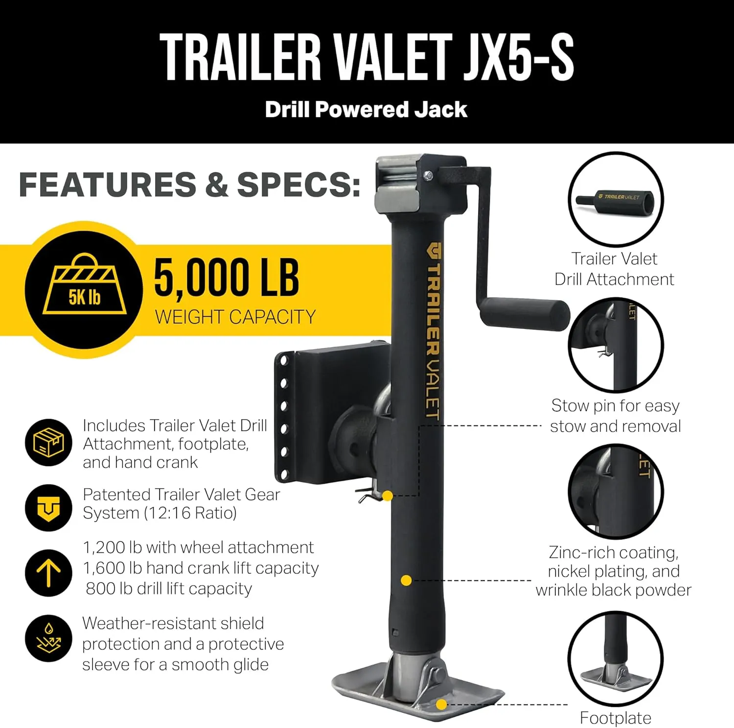 Trailer Valet JX5 Side Mount Trailer Jack – 5,000 LB Capacity with Drill-Powered Crank, Pipe Mount Bracket, Drop Leg, Footplate, and Wrinkle Black Powder Coating