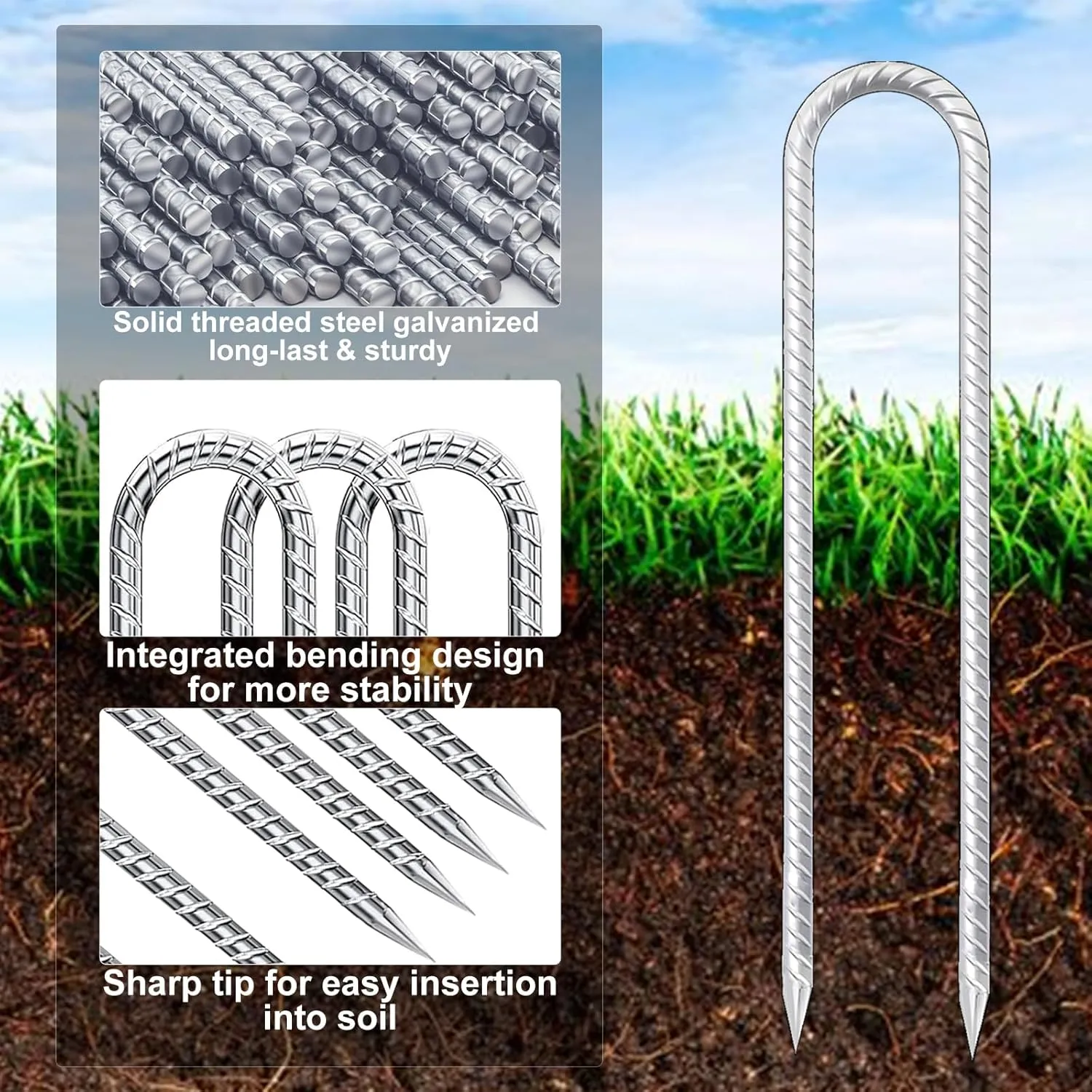 Trampolines Wind Stakes 12 Inch, U Shaped Rebar Stakes Heavy Duty, Safety Ground Anchor Galvanized Steel Wind Stakes for Camping Tents, Soccer Goals, Canopy, Garden, Yard