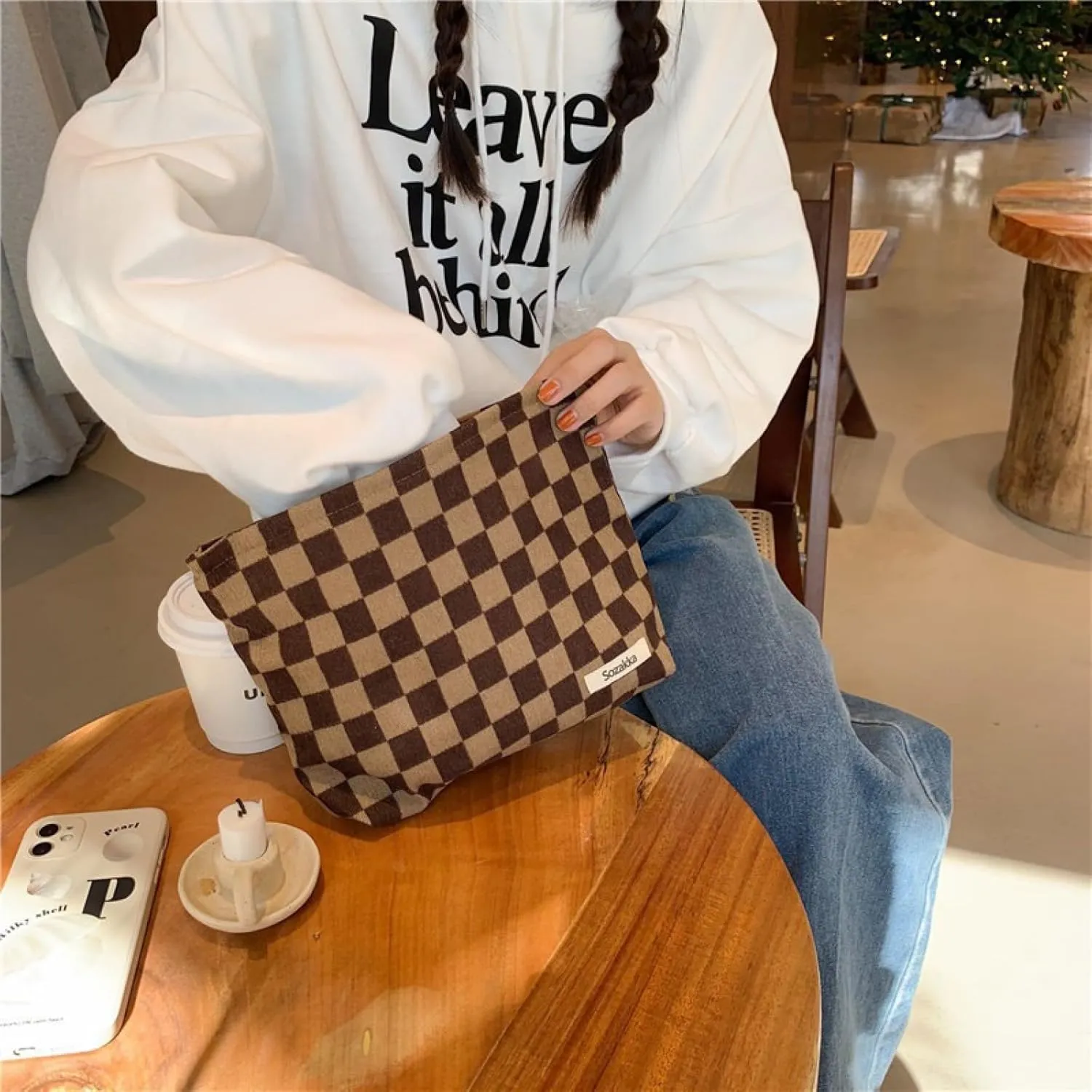 Travel Checkered Makeup Bag, Corduroy Cosmetic Bag for Purse, Small Cosmetic Zipper Pouch Cute Travel Checkered Makeup Bag Gift for Women,Girls (deep brown)