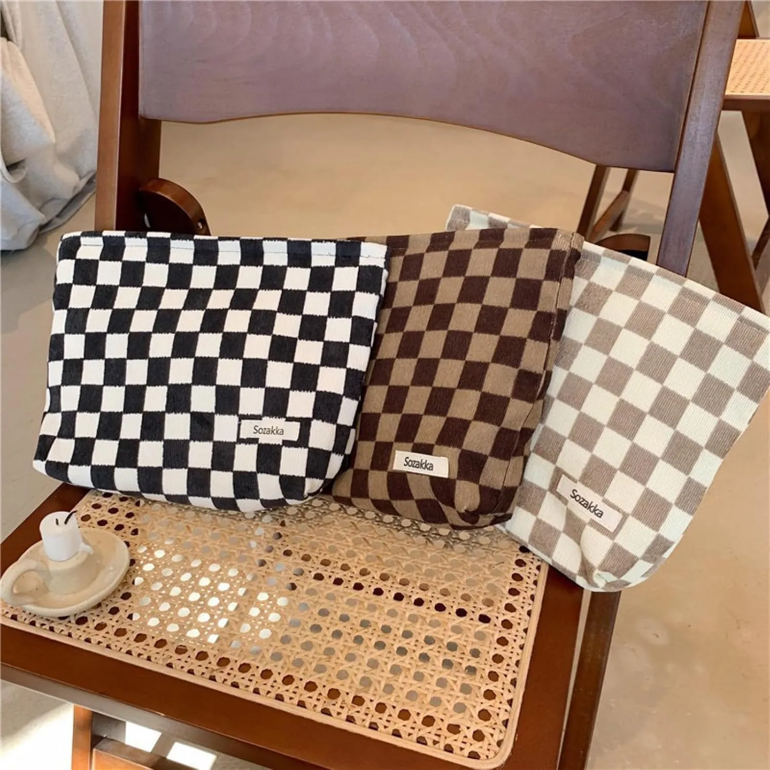 Travel Checkered Makeup Bag, Corduroy Cosmetic Bag for Purse, Small Cosmetic Zipper Pouch Cute Travel Checkered Makeup Bag Gift for Women,Girls (deep brown)