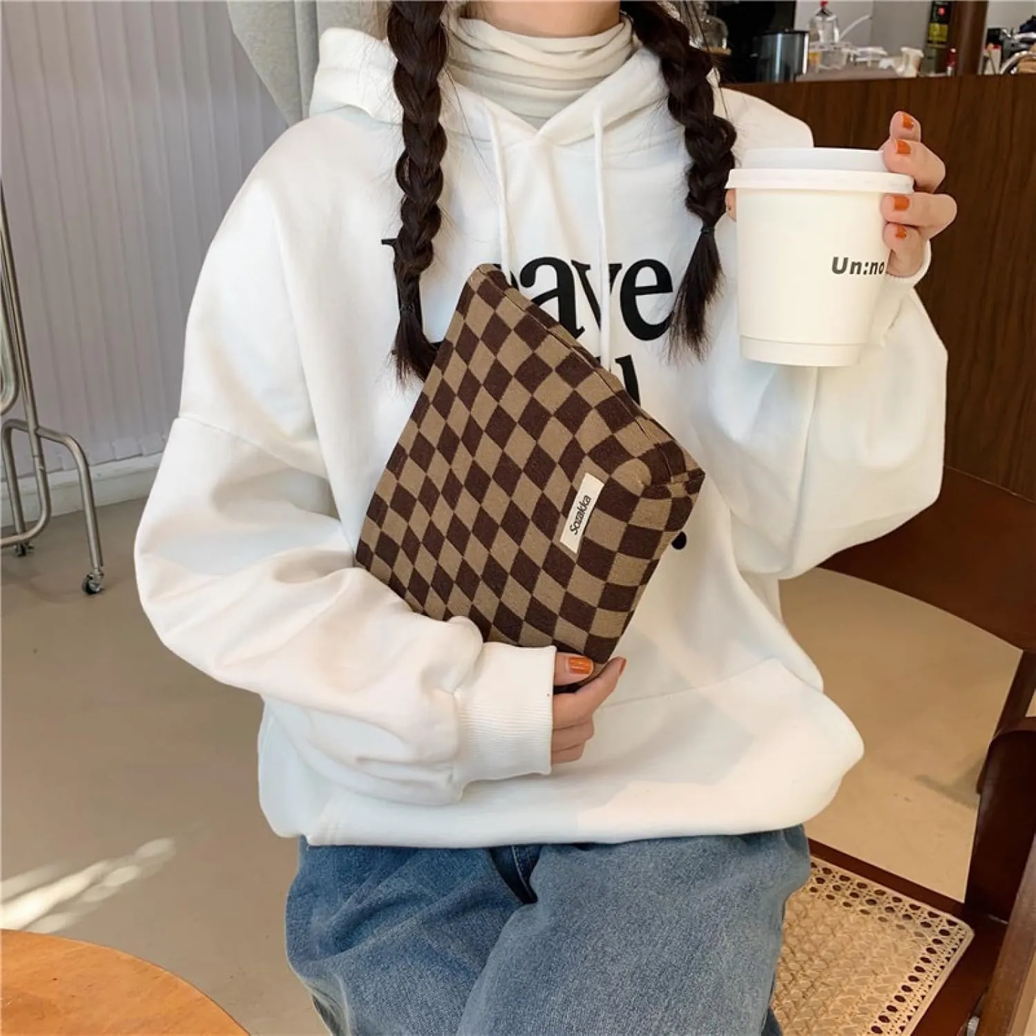 Travel Checkered Makeup Bag, Corduroy Cosmetic Bag for Purse, Small Cosmetic Zipper Pouch Cute Travel Checkered Makeup Bag Gift for Women,Girls (deep brown)