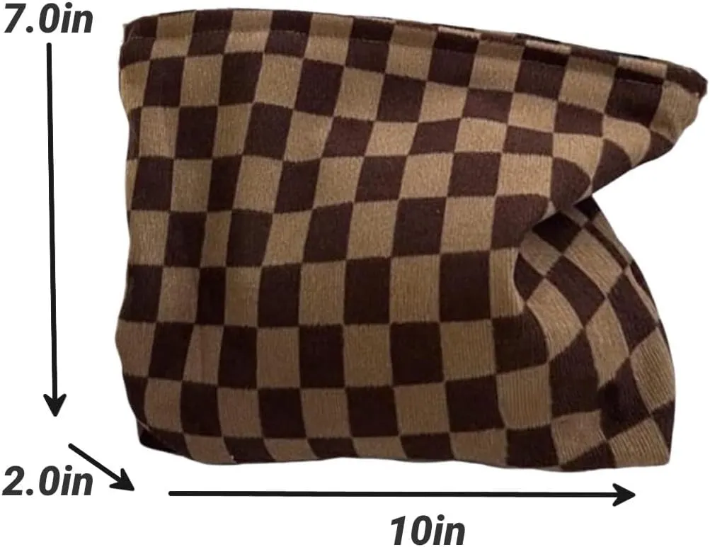 Travel Checkered Makeup Bag, Corduroy Cosmetic Bag for Purse, Small Cosmetic Zipper Pouch Cute Travel Checkered Makeup Bag Gift for Women,Girls (deep brown)