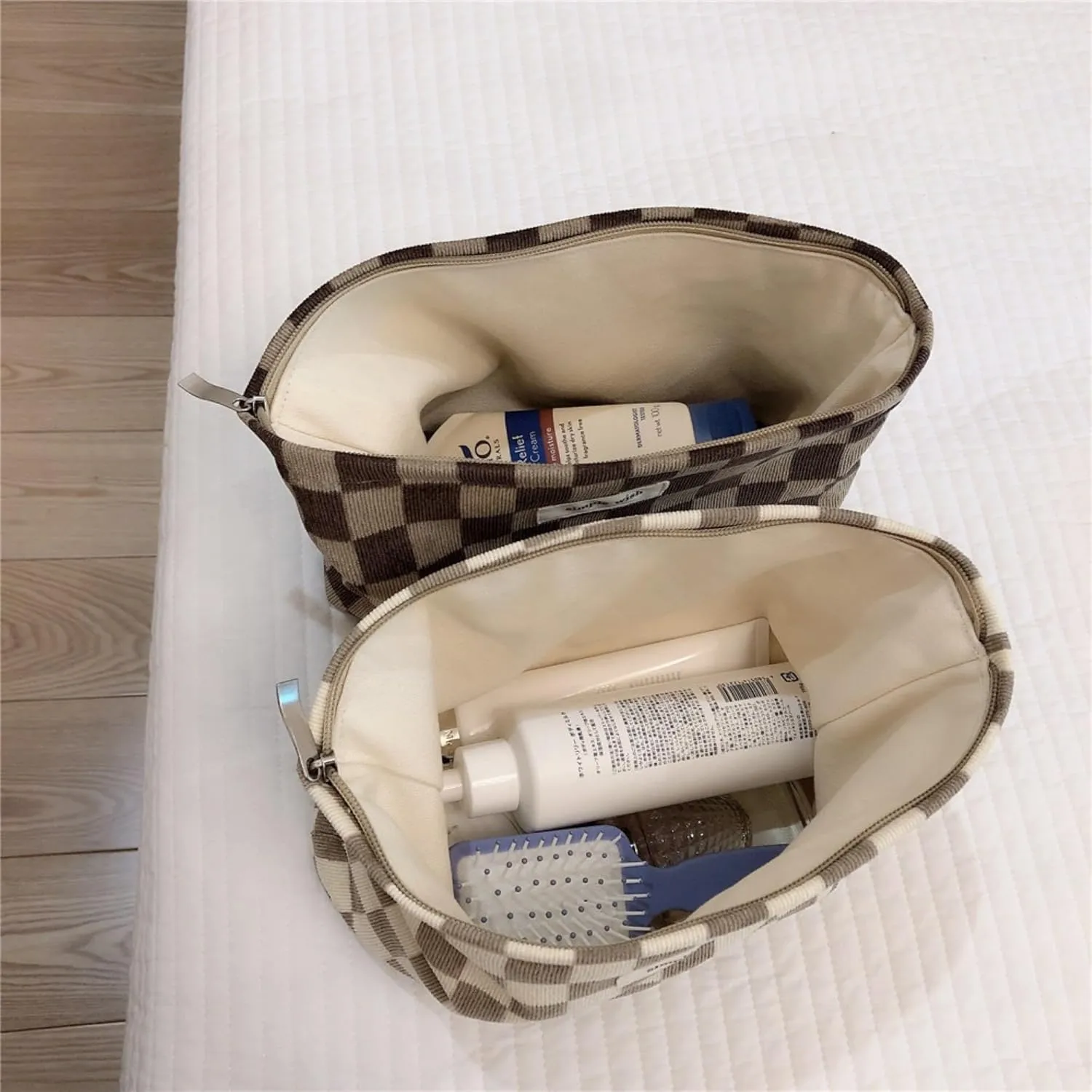 Travel Checkered Makeup Bag, Corduroy Cosmetic Bag for Purse, Small Cosmetic Zipper Pouch Cute Travel Checkered Makeup Bag Gift for Women,Girls (deep brown)