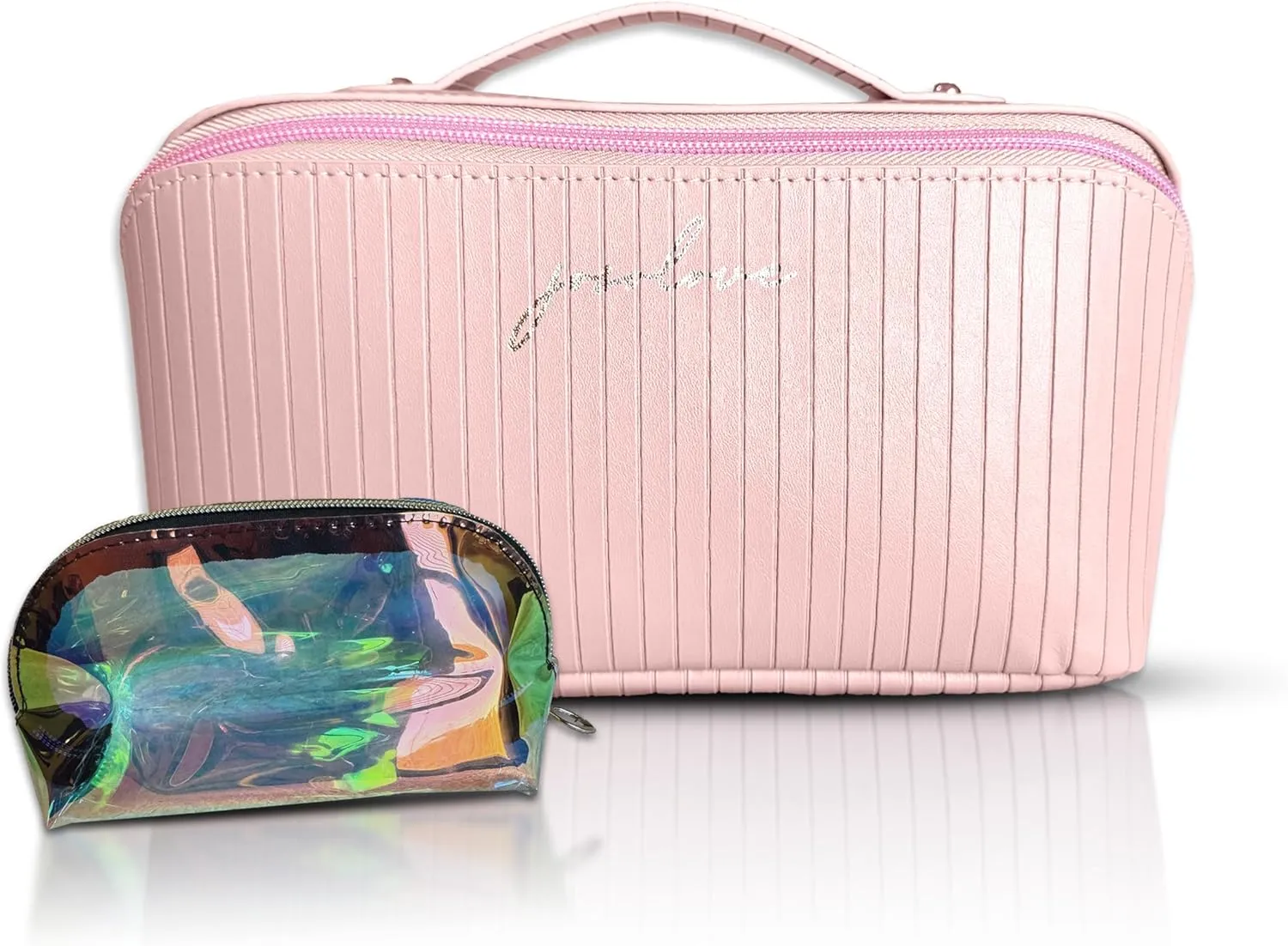 Travel cosmetic Bag for Women | Large PU Leather makeup bag with compartments | Cosmetic Bag | Travel Bag Organizer & Skincare | Portable Makeup Case with Handle | Pink Make up Bag