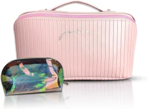 Travel cosmetic Bag for Women | Large PU Leather makeup bag with compartments | Cosmetic Bag | Travel Bag Organizer & Skincare | Portable Makeup Case with Handle | Pink Make up Bag