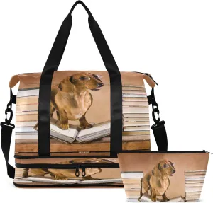 Travel Duffel Bag Dachshund Professor Reading Weekender Overnight Bag for Women Men With Shoe Compartments Sports Tote Gym Bag with Wet Pocket for Travel Sport Yoga 17 Inch