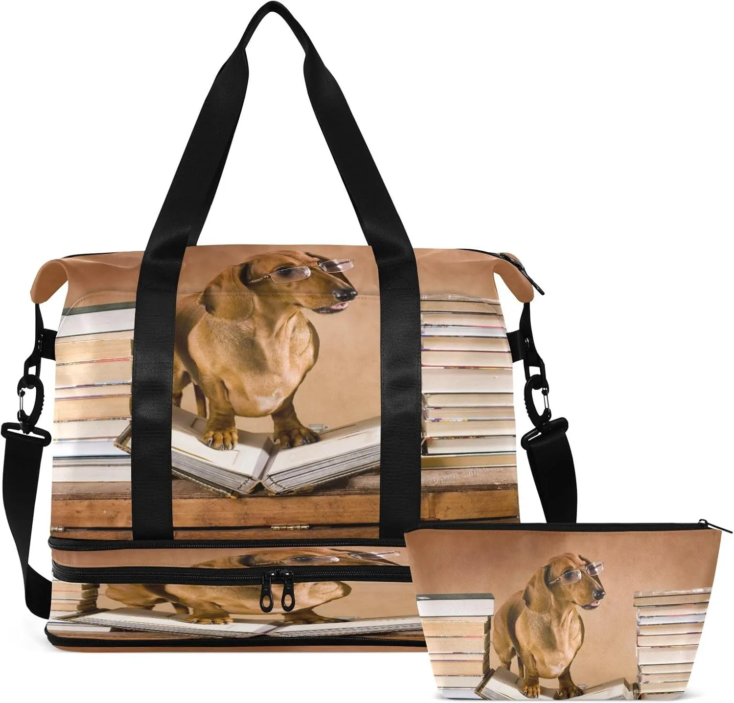 Travel Duffel Bag Dachshund Professor Reading Weekender Overnight Bag for Women Men With Shoe Compartments Sports Tote Gym Bag with Wet Pocket for Travel Sport Yoga 17 Inch
